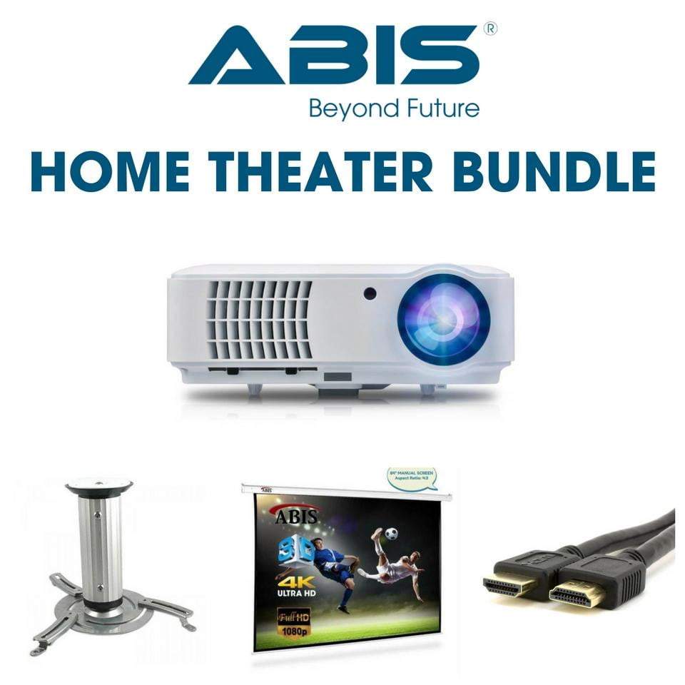 Home Theater Projector Bundle- Projector + Screen + Ceiling Mount + HDMI Cable + HiFi Speakers (White) - ABIS