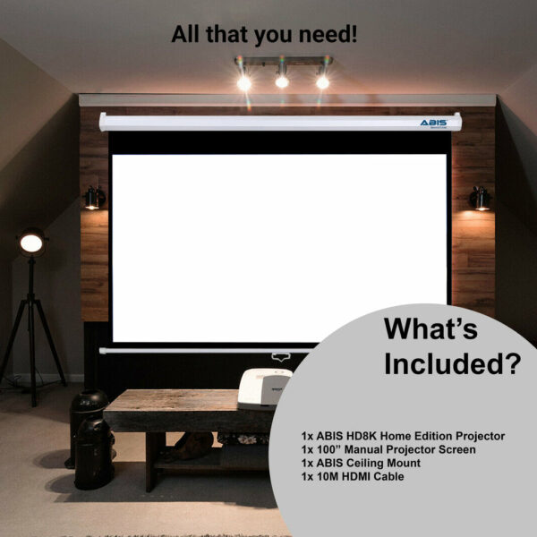 100" Manual Projector Screen & Projector  Bundle for Home - Complete Set - ABIS