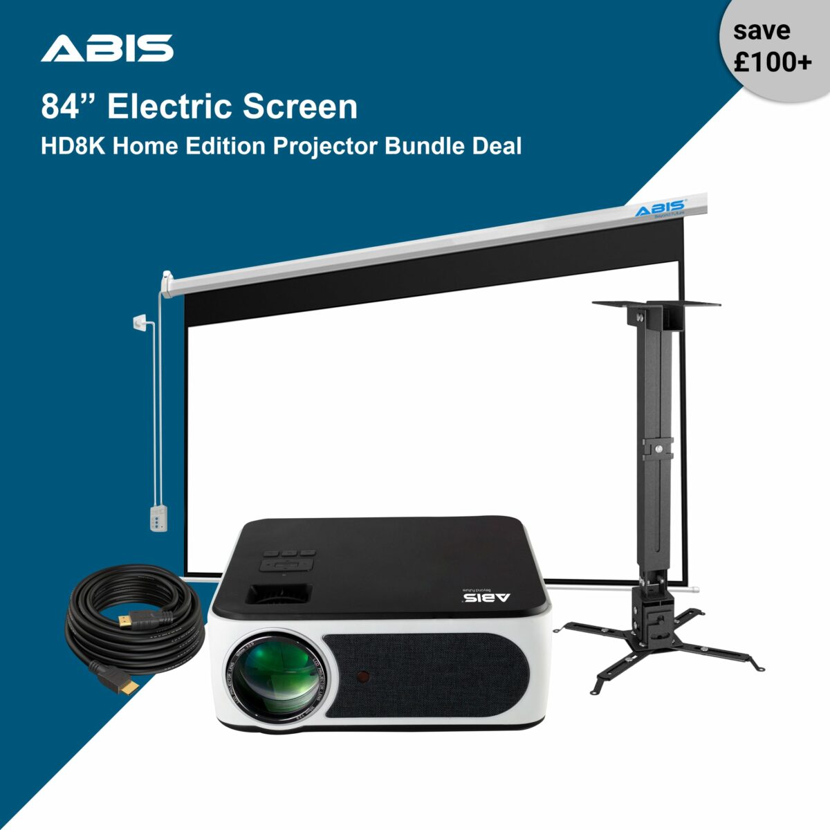 84" Electric Projector Screen & Projector Bundle with Android TV Stick for Home - Complete Set - ABIS