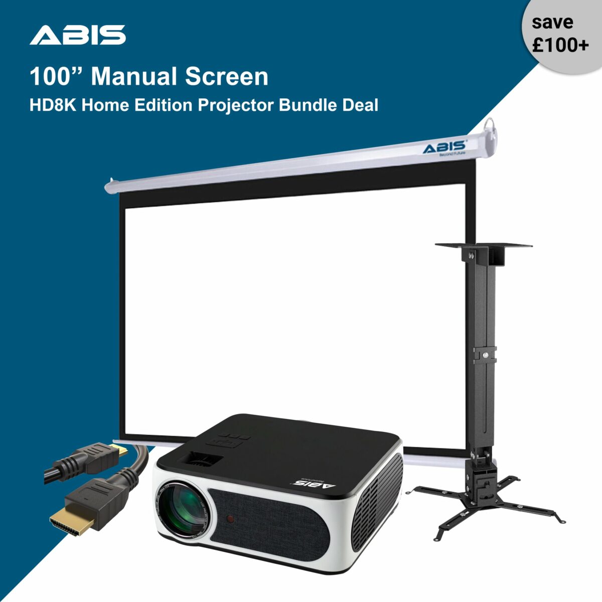 100" Manual Projector Screen & Projector  Bundle with Android TV Stick for Home - Complete Set - ABIS