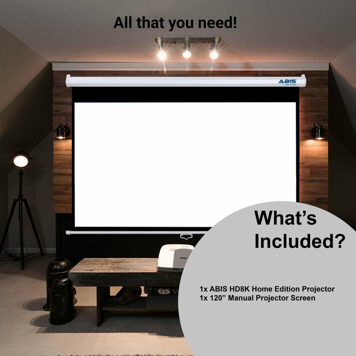 120" Manual Projector Screen & Projector Bundle with Android TV Stick for Home - ABIS