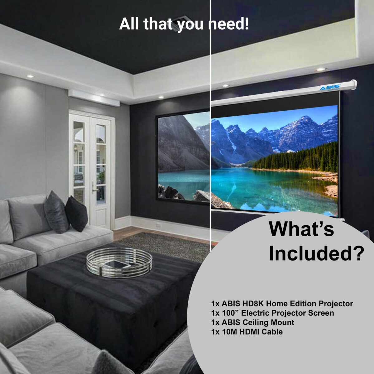 100" Electric Projector Screen & Projector  Bundle with Android TV Stick for Home - Complete Set - ABIS