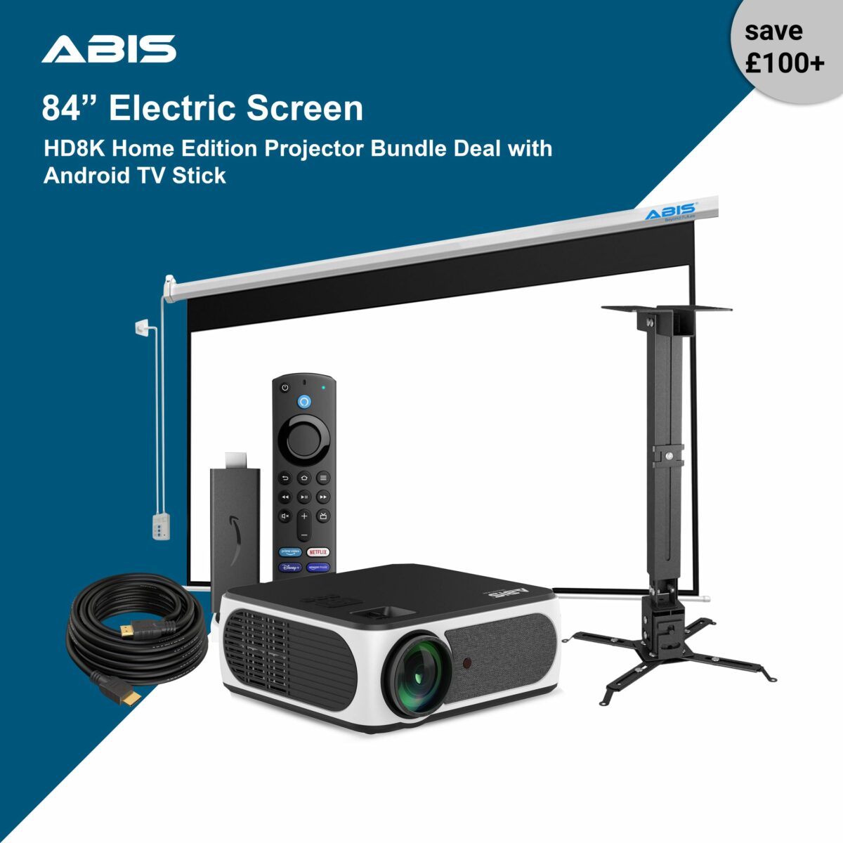 84" Electric Projector Screen & Projector Bundle with Android TV Stick for Home - Complete Set - ABIS