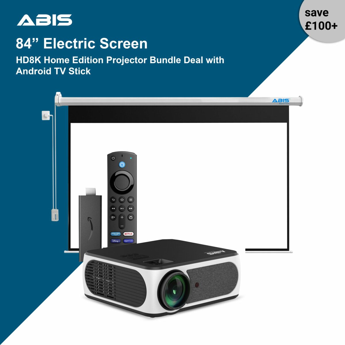 84" Electric Projector Screen & Projector Bundle with Android TV Stick for Home - ABIS