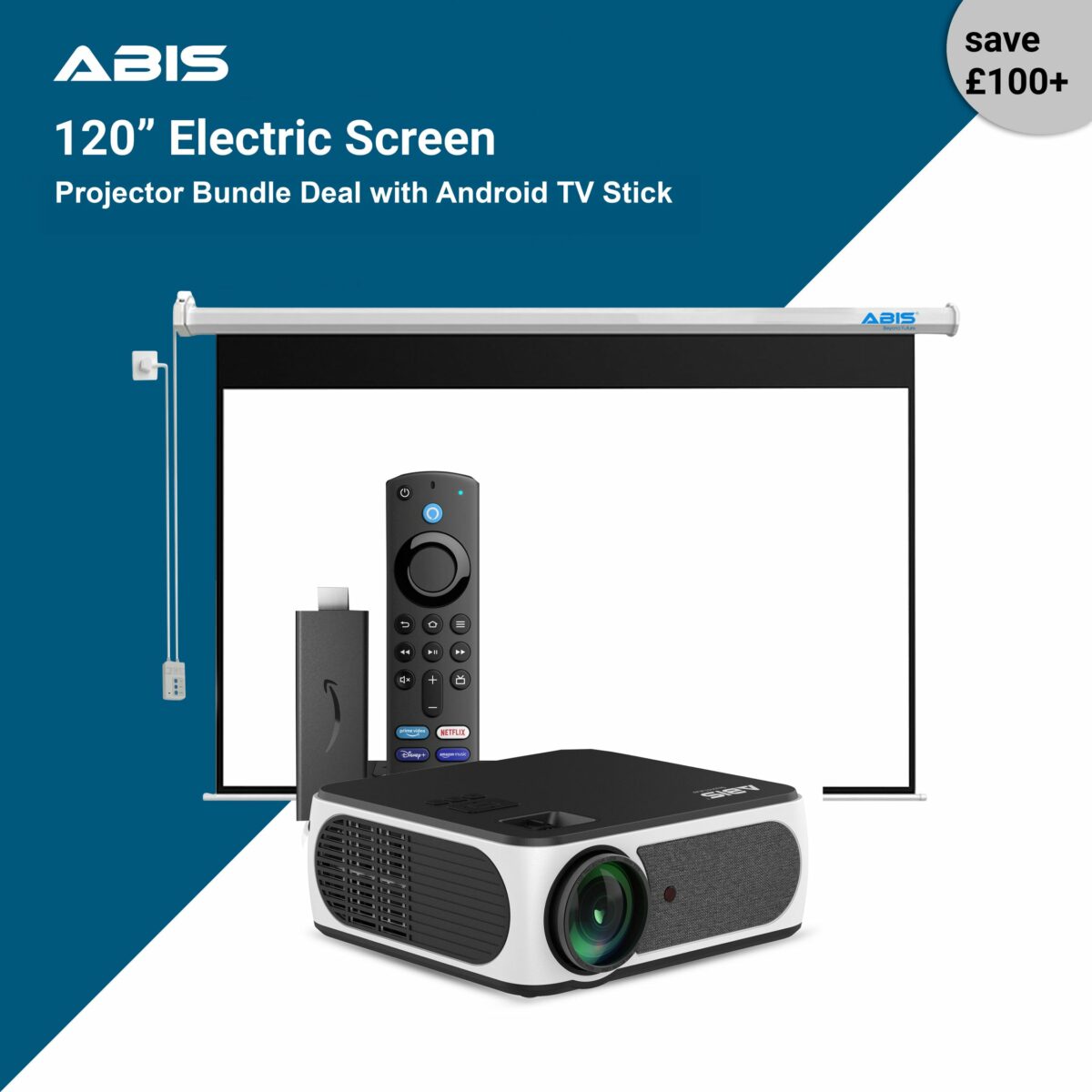 120" Electric Projector Screen & Projector Bundle with Android TV Stick for Home - ABIS